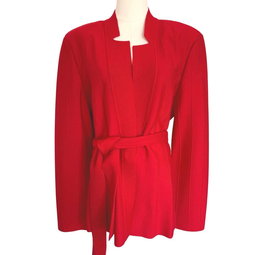 St. John (14) Red Wool Wrap Cardigan Sweater Jacket Belted NWT Quiet Luxury